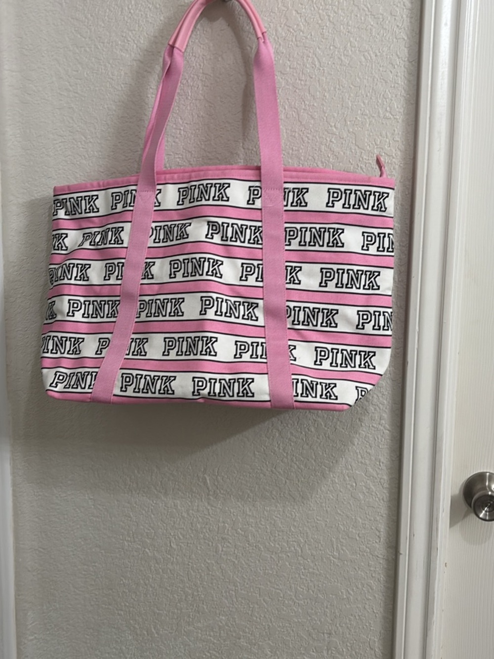 PINK Victoria's Secret Pink and White Logo Stripe Tote - Brand New